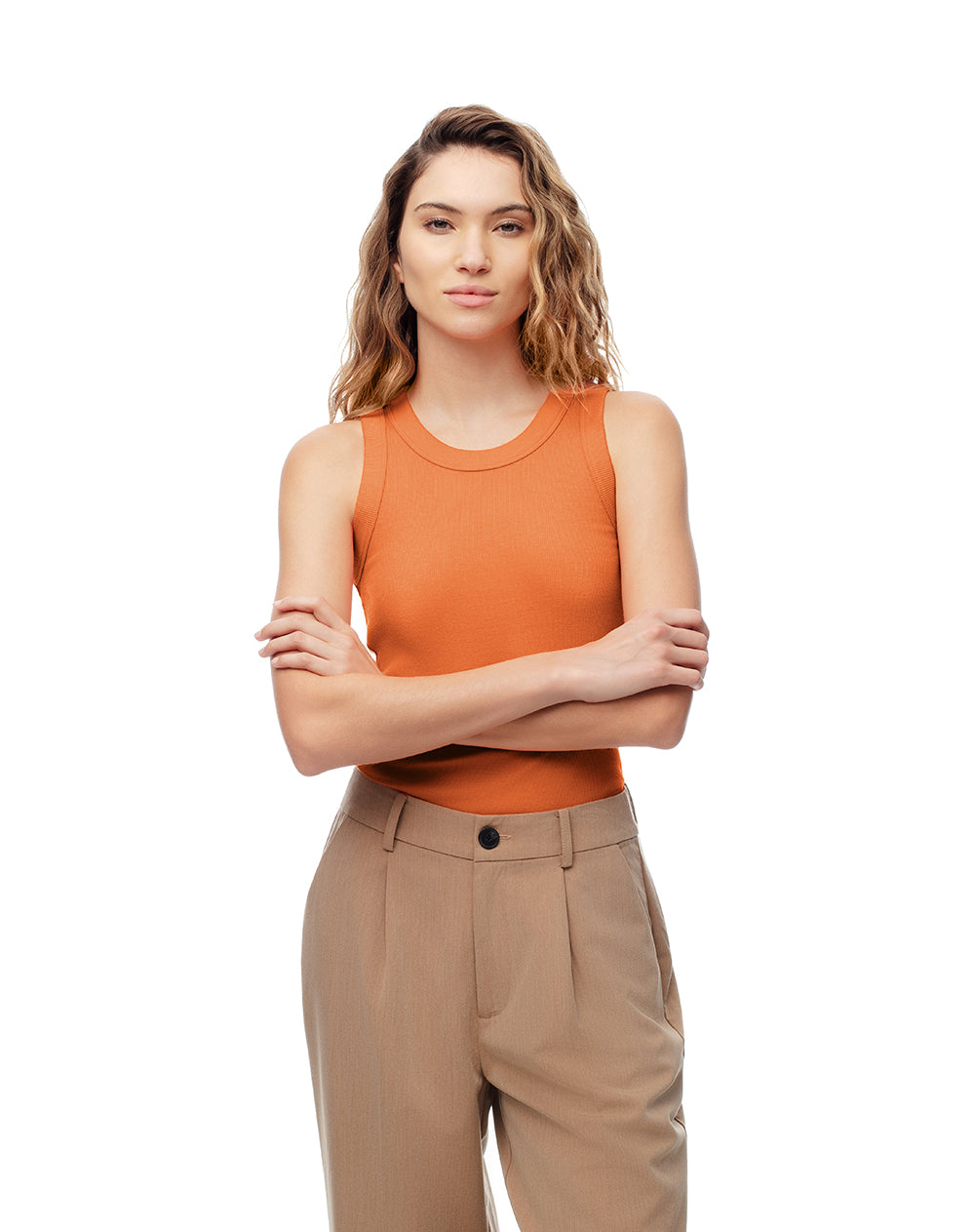 Camiseta esqueleto slim rib algodón naranja mujer