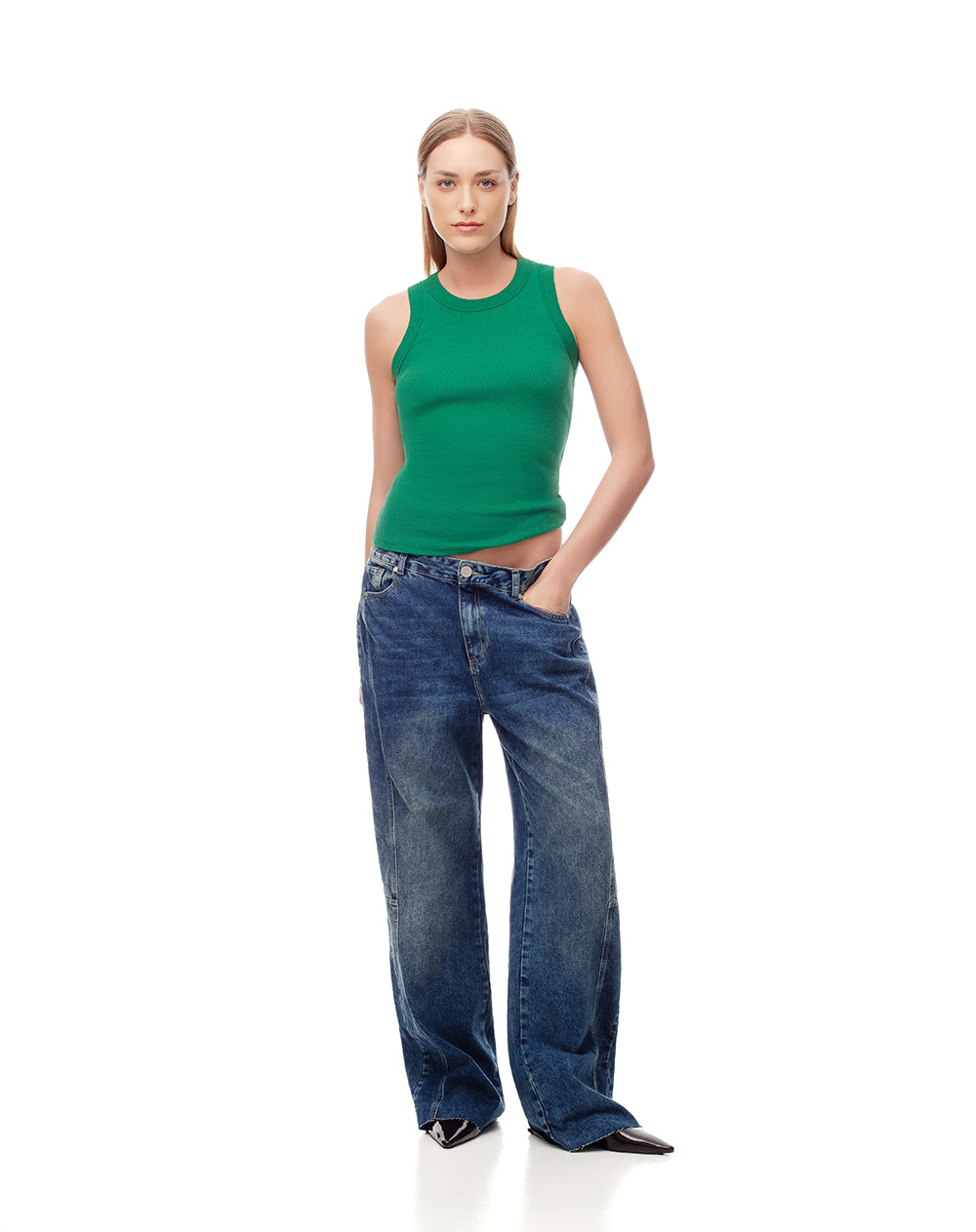Camiseta esqueleto slim rib algodón verde mujer