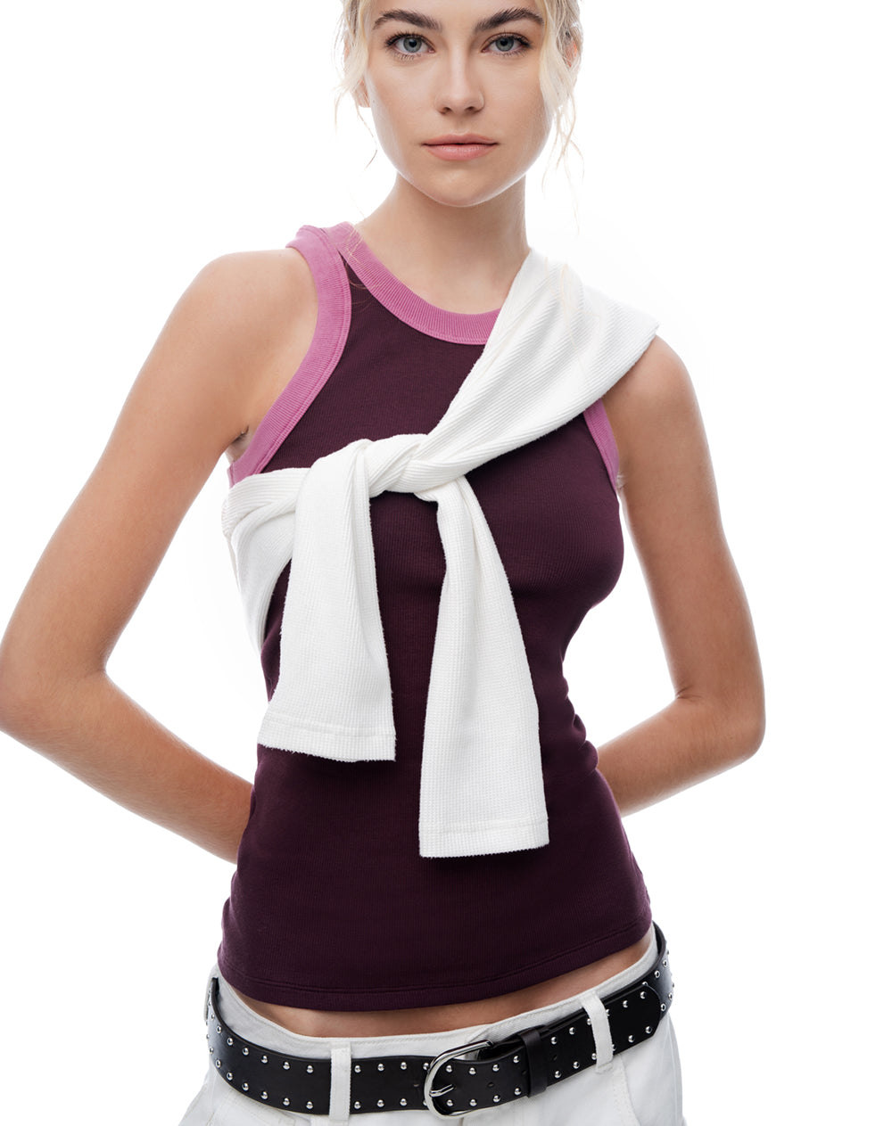 Camiseta esqueleto slim rib algodón vino tinto mujer