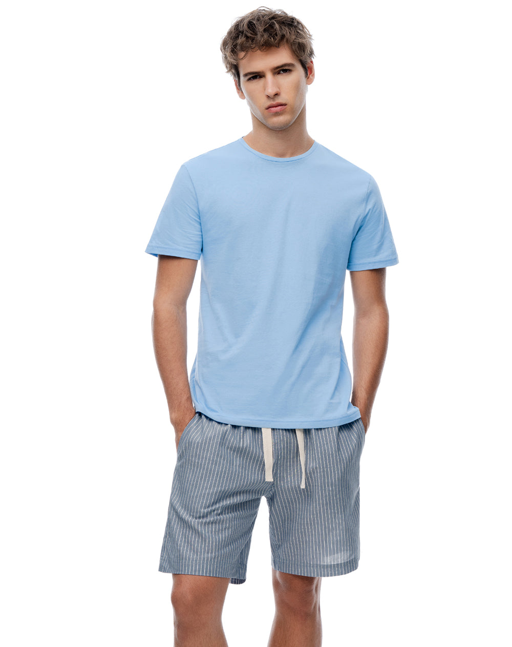Pijama regular manga corta azul con rayas hombre