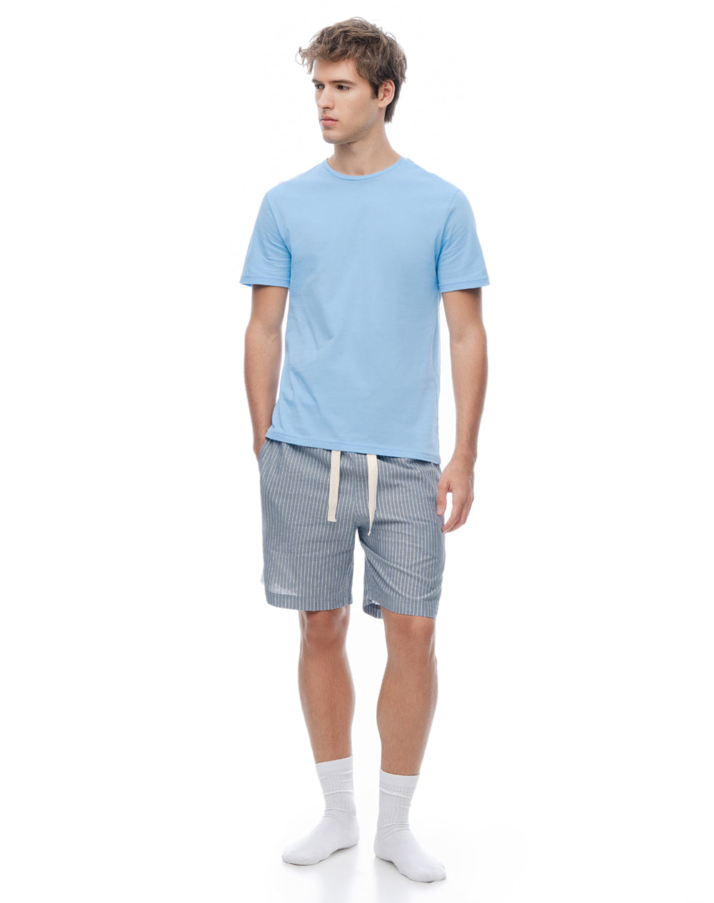 Pijama regular manga corta azul con rayas hombre