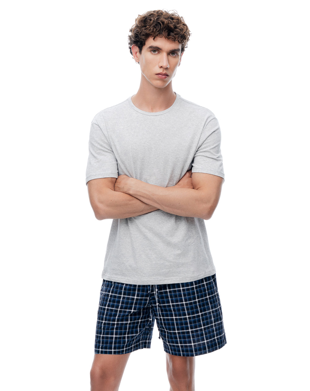 Pijama relaxed manga corta azul cuadros hombre