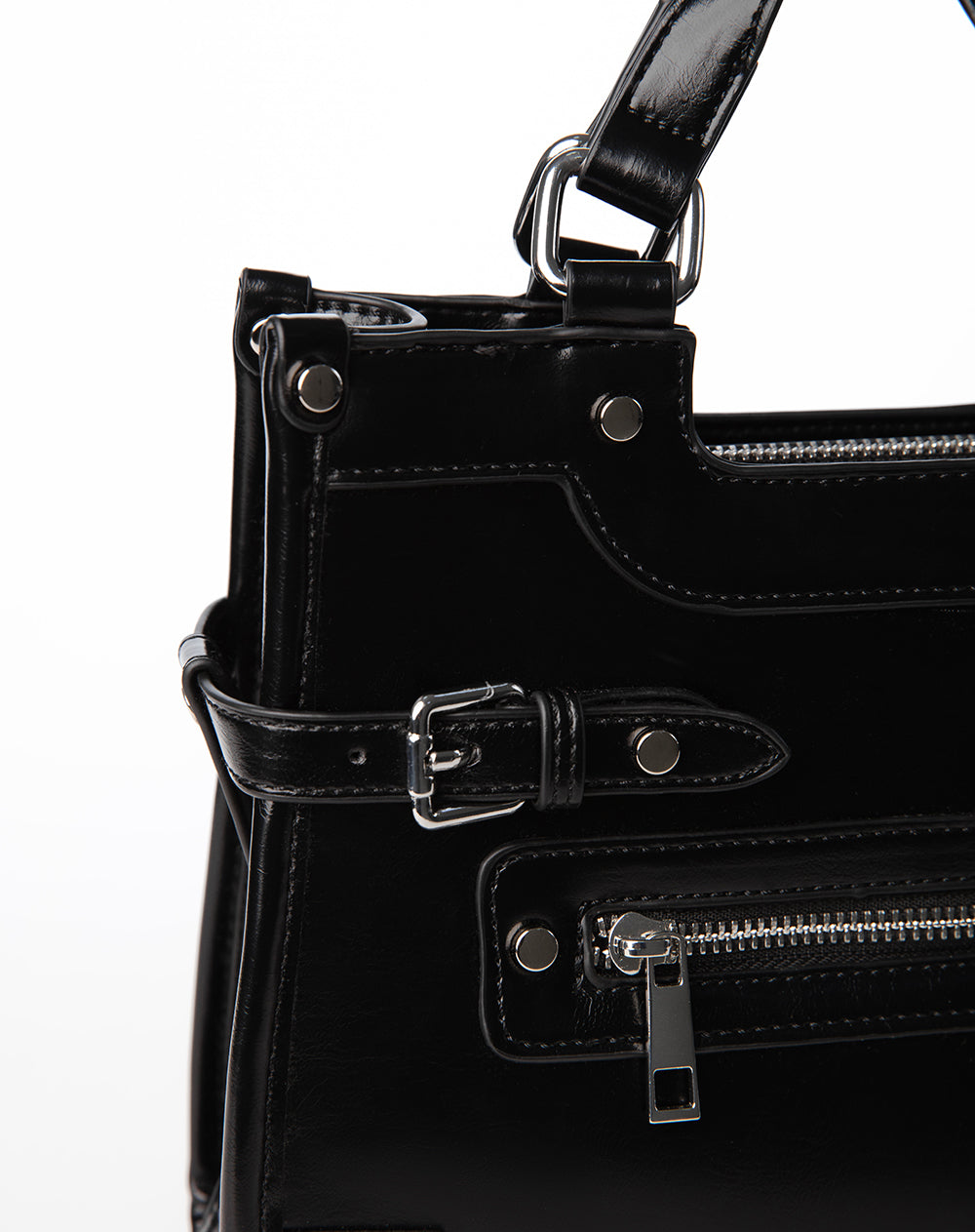 Bolso estructurado charol negro mujer