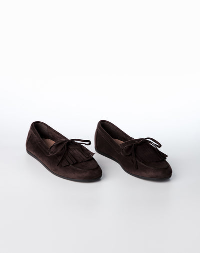 Mocasines flecos tipo gamuza café mujer
