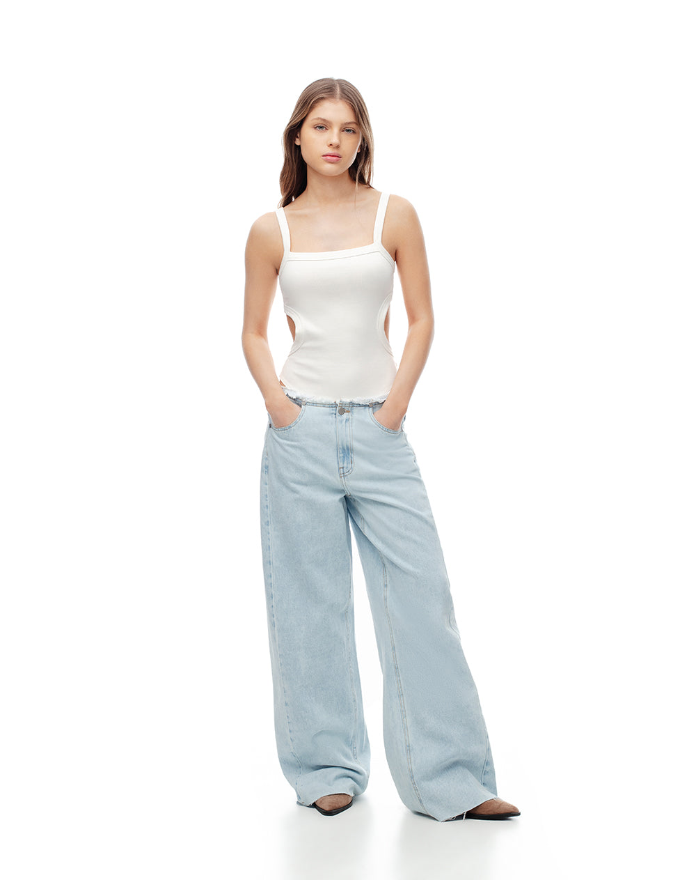 Jean loose tiro medio 100% algodón índigo claro mujer