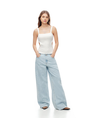 Jean wide leg tiro medio índigo claro mujer