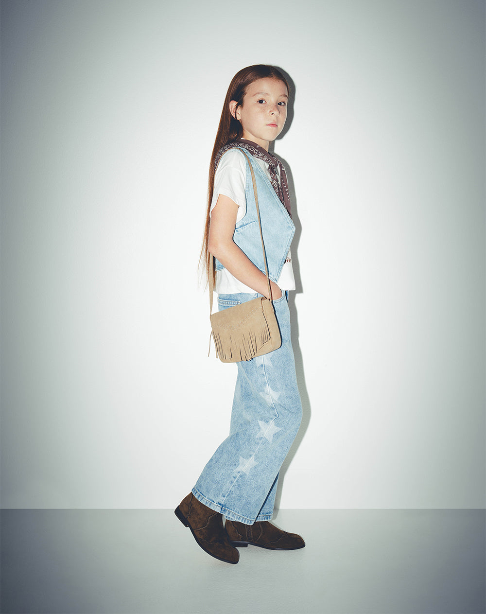 Jean loose tiro alto 100% algodón índigo medio niña
