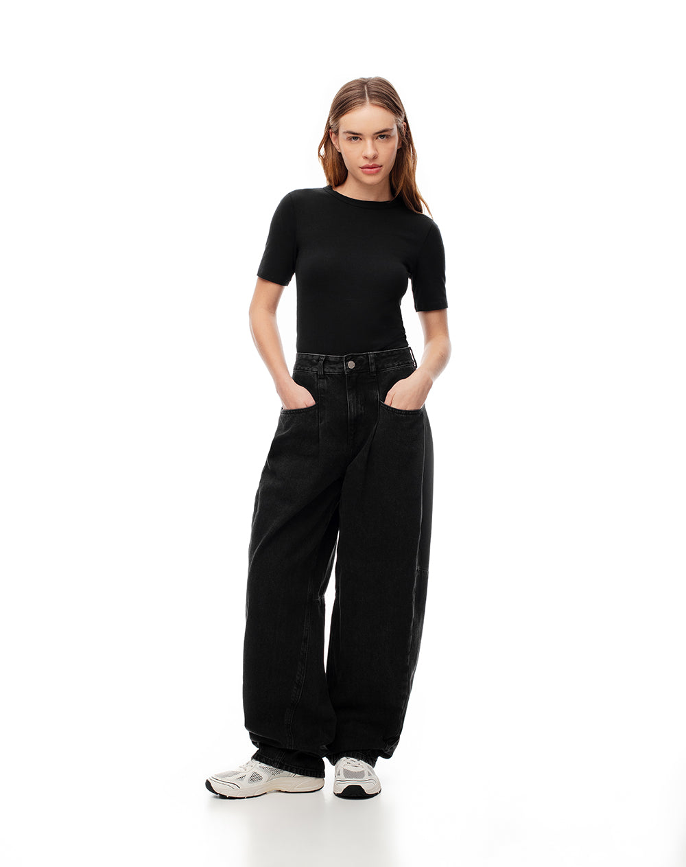 Jean baggy tiro medio 4 bolsillos negro para mujer