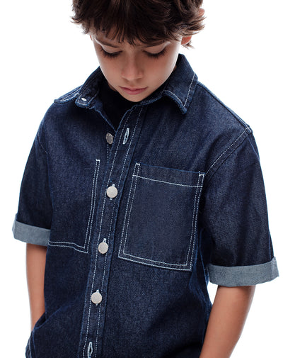 Camisa manga corta regular denim índigo oscuro niño