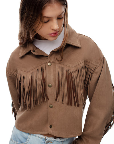 Chaqueta regular flecos tejido suede café mujer