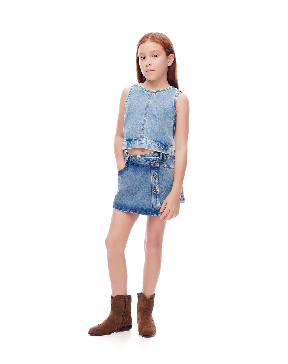 Blusa denim regular índigo medio niña
