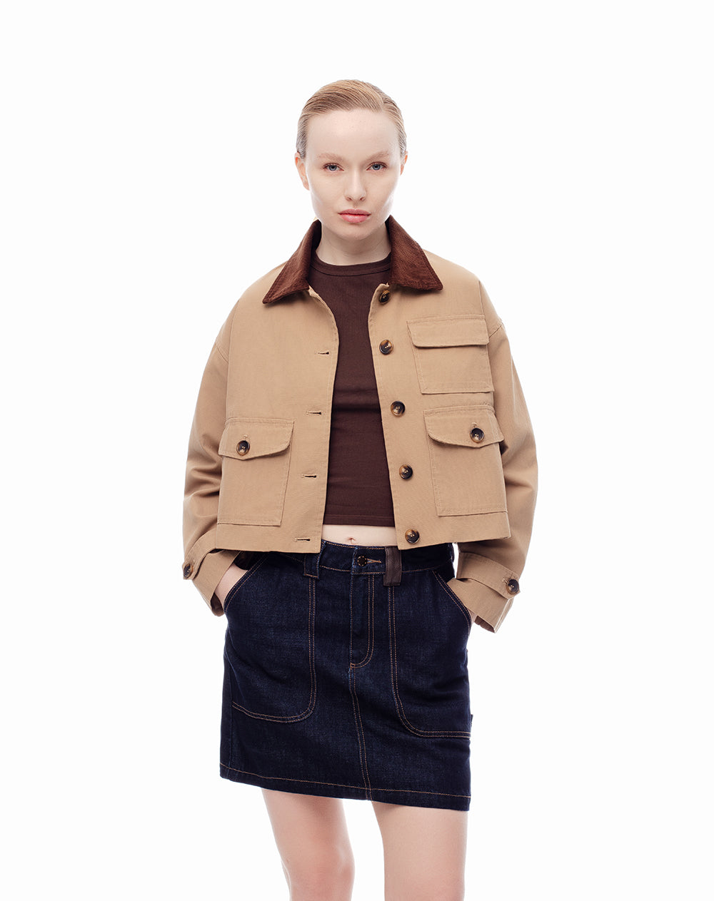 Falda corta tiro medio denim 44% algodón índigo oscuro mujer