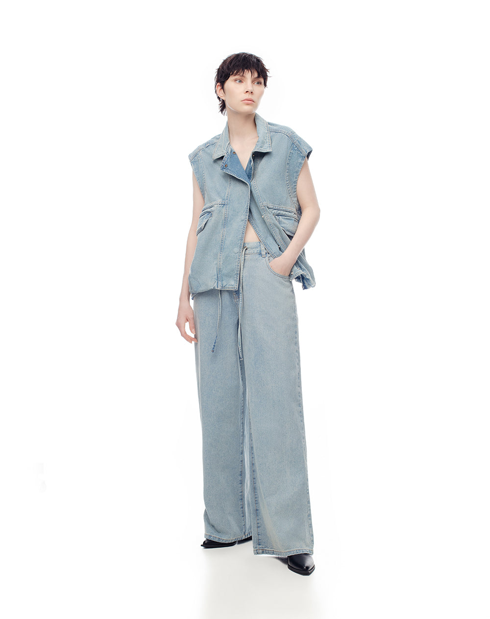 Jean wide leg tiro alto 100% algodón índigo medio mujer